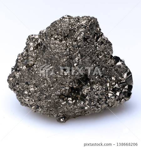 Natural Pyrite Specimen with Metallic Golden Luster on White Background Close Up Macro Photography. Natural Pyrite Specimen with Metallic Golden Luster on White Background Close Up Macro Photography. 138668206