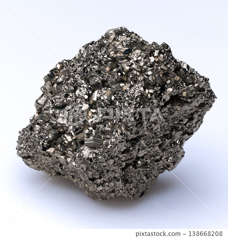 Close up of raw pyrite crystal mineral specimen with metallic golden luster on white background. 138668208
