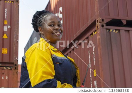 Black foreman woman worker talk on walkie-talkie at container yard, holding laptop computer. Logistics import export shipping concept. 138668388
