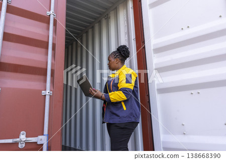 Black foreman woman worker talk on walkie-talkie at container yard, holding laptop computer. Logistics import export shipping concept. 138668390