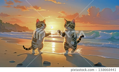 夕陽西下,兩隻可愛的小貓在沙灘上相對而立。 夕陽西下,兩隻可愛的小貓在沙灘上相對而立。 138668441