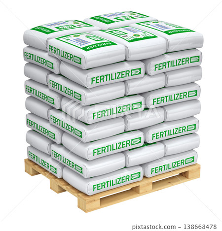 White fertilizer bags with abstract label on a pallet isolated on white background - 3d illustration White fertilizer bags with abstract label on a pallet isolated on white background - 3d illustration 138668478