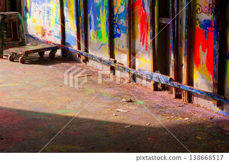 Sunlit Paint-Splattered Corner of Puppet Theater Art Studio Yunlin Taiwan Sunlit Paint-Splattered Corner of Puppet Theater Art Studio Yunlin Taiwan 138668517