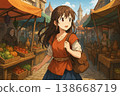 一幅充滿奇幻色彩的日常插畫，描繪了一個女孩在中世紀集市中漫步購物的場景。 138668719