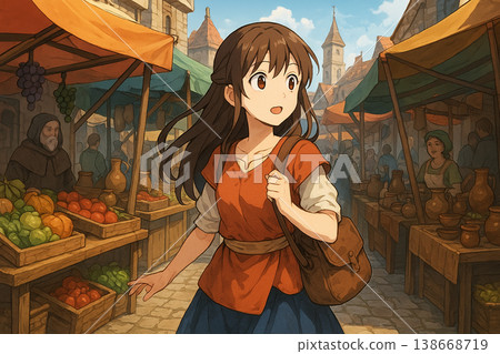 一幅充滿奇幻色彩的日常插畫，描繪了一個女孩在中世紀集市中漫步購物的場景。 138668719