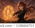 一幅奇幻插畫，描繪了一個女孩在夕陽西下時展開魔法陣的場景。 138668753