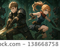 一幅奇幻戰鬥插畫，描繪了一名男性戰士和一名女性戰士在森林中與怪物對峙的場景。 138668758