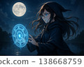一幅奇幻插畫，描繪了一位身披斗篷的女巫在滿月之夜操控魔法陣的場景。 138668759