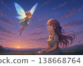 一幅奇幻的插畫，描繪了一個女孩凝視著夕陽下翩翩起舞的仙女。 138668764