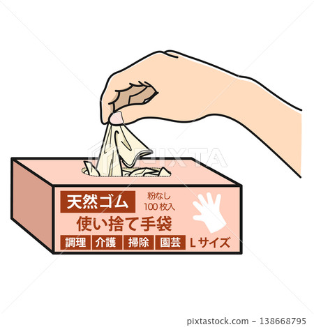 Image illustrating the process of removing disposable gloves from a box (natural rubber, size L). 138668795