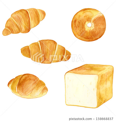 麵包套裝，水彩，手繪插圖，切片麵包，奶油捲，百吉餅，羊角麵包，配料。 138668837
