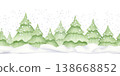 Watercolor fir forest with snowfall and snowdrifts seamless border isolated on white. Christmas trees horizontal repeat background in simple cartoon style. Happy New Year drawing in pastel green color 138668852