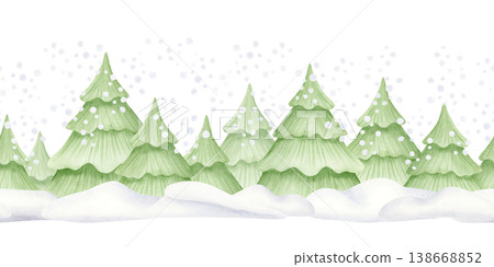 Watercolor fir forest with snowfall and snowdrifts seamless border isolated on white. Christmas trees horizontal repeat background in simple cartoon style. Happy New Year drawing in pastel green color 138668852