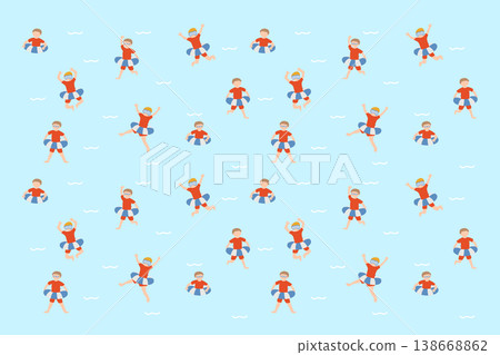 夏季泳池玩耍背景插圖：兒童玩充氣泳圈的橫幅圖片。 138668862