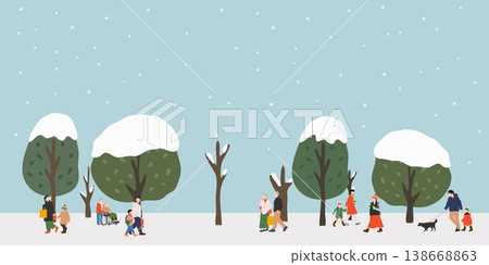 冬季公園雪景背景插圖,有人在行走(橫向格式) 冬季公園雪景背景插圖,有人在行走(橫向格式) 138668863