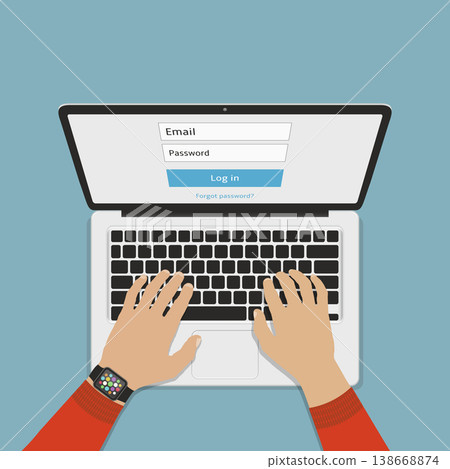 Hands typing login and password on laptop. Flat vector illustration. 138668874