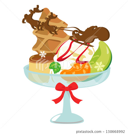 An illustration of a Christmas-themed pudding à la mode topped with a chocolate Santa Claus. An illustration of a Christmas-themed pudding à la mode topped with a chocolate Santa Claus. 138668992