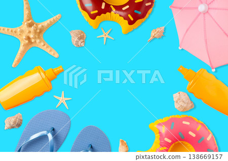Colorful beach items arranged with seashells and starfish Colorful beach items arranged with seashells and starfish 138669157