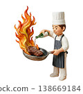 一幅黏土藝術風格的畫作，描繪了一位廚師在煎鍋裡用酒精點燃肉類的場景。 138669184