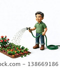 以黏土藝術風格描繪的男子澆花場景。 138669186