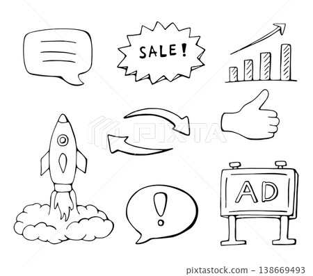 Marketing and Advertising Doodle Icons Set Business Growth Strategy Collection 138669493