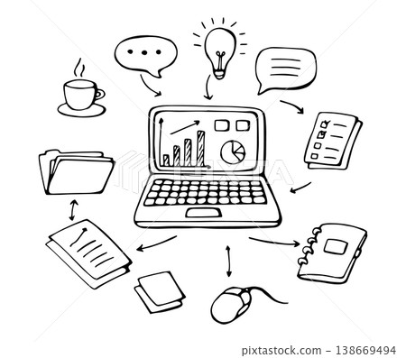 Office Workflow Scene with Laptop and Documents Hand Drawn Doodle Illustration 138669494