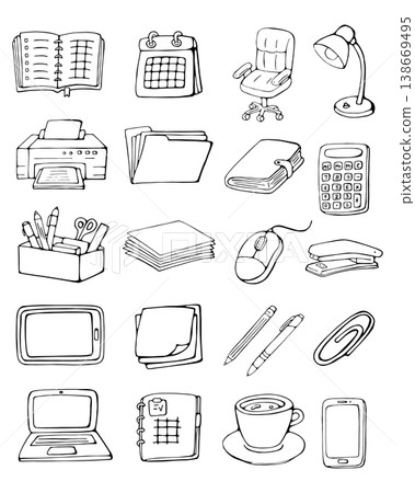 Office Workspace Doodle Icons Set Business Desk Equipment Hand Drawn Collection Office Workspace Doodle Icons Set Business Desk Equipment Hand Drawn Collection 138669495