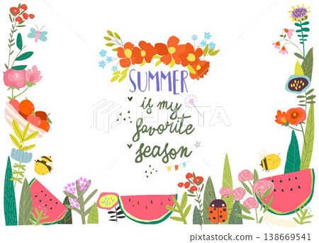 Cute Cartoon Frame with Watermelon, Apples, Summer Flowers, Plants and Bees Cute Cartoon Frame with Watermelon, Apples, Summer Flowers, Plants and Bees 138669541
