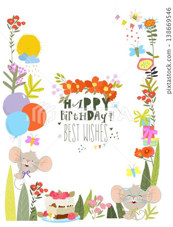 Floral Frame with Cute Funny Mouse celebrating Birthday 138669546