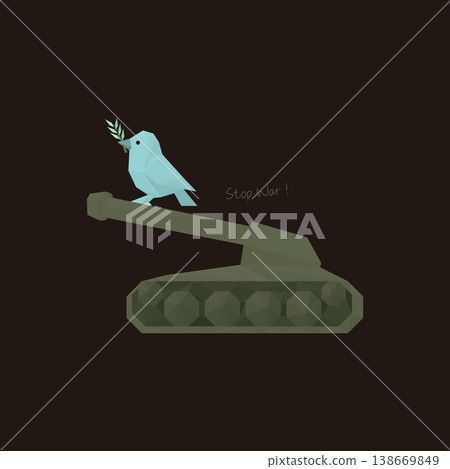 Peace dove carrying olive branch on military tank polygon shapes isolated on brown square background Peace dove carrying olive branch on military tank polygon shapes isolated on brown square background 138669849