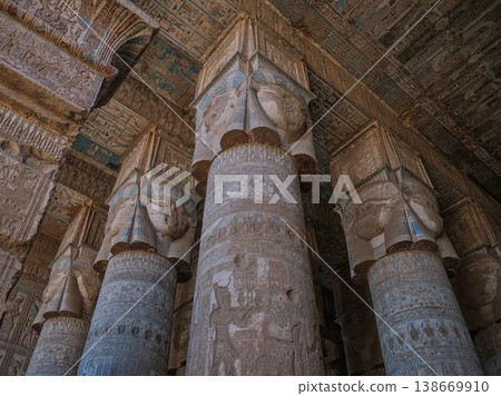 Hathor Column and Painted Ceiling Decorations of the Temple of Dendera, Egypt 138669910