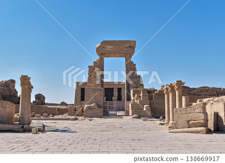 View of the entrance and courtyard of the Temple of Dendera in Egypt. View of the entrance and courtyard of the Temple of Dendera in Egypt. 138669917