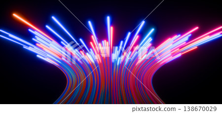 Neon glowing red blue speed lines 3D background. Abstract led light strips moving upward. Dark stage with laser show, night club, casino gaming room with illuminated wall and floor. 3D illustration Neon glowing red blue speed lines 3D background. Abstract led light strips moving upward. Dark stage with laser show, night club, casino gaming room with illuminated wall and floor. 3D illustration 138670029