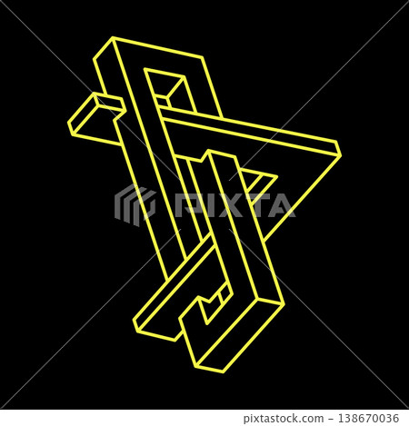 Impossible shapes. Sacred geometry. Optical illusion figure. Abstract eternal geometric objects. Impossible endless outline shape. Op art. Impossible geometry shape on a black background. Line art. Impossible shapes. Sacred geometry. Optical illusion figure. Abstract eternal geometric objects. Impossible endless outline shape. Op art. Impossible geometry shape on a black background. Line art. 138670036