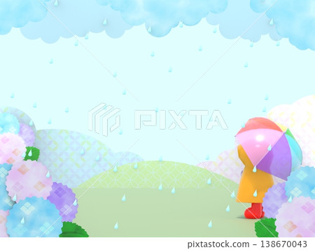 一幅3DCG風格的風景畫，描繪了一個孩子在雨中撐著傘，周圍是繡球花。 138670043