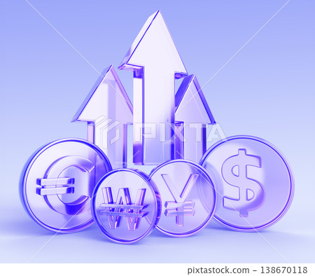 Glass hologram dollar, euro, chinese yuan, korean won coins with grow arrow up on blue 3d background. Financial money growth, business success, investment, rise currency exchange rate. 3D illustration Glass hologram dollar, euro, chinese yuan, korean won coins with grow arrow up on blue 3d background. Financial money growth, business success, investment, rise currency exchange rate. 3D illustration 138670118