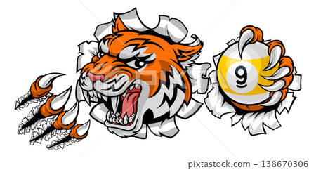 Tiger and 9 Ball Nine Ball Pool Cartoon Mascot Tiger and 9 Ball Nine Ball Pool Cartoon Mascot 138670306