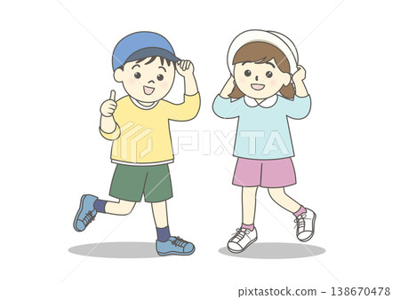 一幅男孩和女孩戴著帽子的插圖 一幅男孩和女孩戴著帽子的插圖 138670478