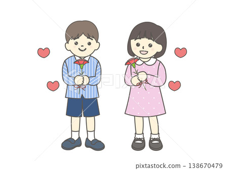 Illustration of a boy and a girl holding carnations 138670479