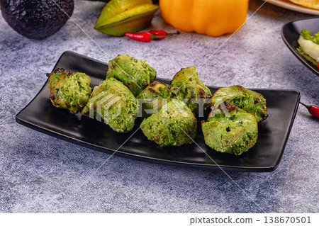 Indian Hariyali Chicken Mint green Tikka Kebab with Fresh Vegetable Salad 138670501