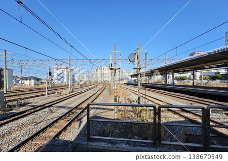 Train tracks and platforms at a Kamakura station in quiet sunny day. Train tracks and platforms at a Kamakura station in quiet sunny day. 138670549