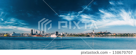 Panoramic Skyline Of Tallinn And Harbour, Coast, Port. Panoramic Skyline Of Tallinn And Harbour, Coast, Port. 138670707
