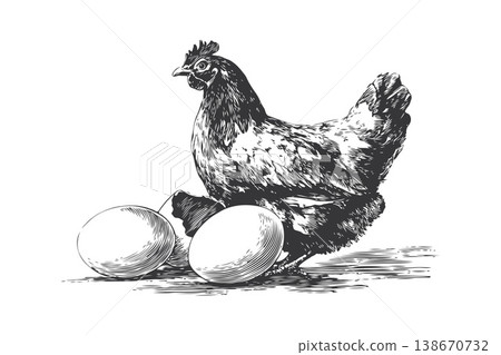Chicken sitting near eggs in detailed hand-drawn sketch style on white background, representing farming, poultry, and natural produce 138670732