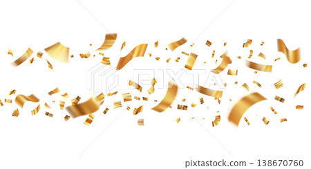 Golden confetti burst with shimmering ribbons isolated background. Flying glitter elements for party invitations, anniversary cards and festive celebration designs. Vector illustration Golden confetti burst with shimmering ribbons isolated background. Flying glitter elements for party invitations, anniversary cards and festive celebration designs. Vector illustration 138670760
