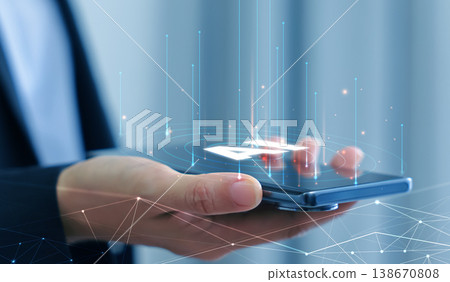 Hands holding smartphone with futuristic AI glowing hologram. Artificial intelligence, machine learning, big data, digital technology, innovation and business futuristic network connection concept. Hands holding smartphone with futuristic AI glowing hologram. Artificial intelligence, machine learning, big data, digital technology, innovation and business futuristic network connection concept. 138670808