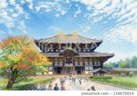 Autumn at Todai-ji Temple - Watercolor Painting - 1 138670854