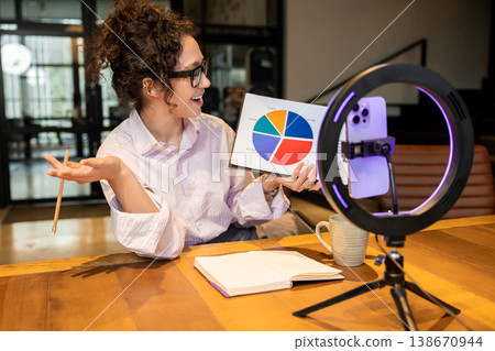 Female influencer laughing while showing report during stream Female influencer laughing while showing report during stream 138670944
