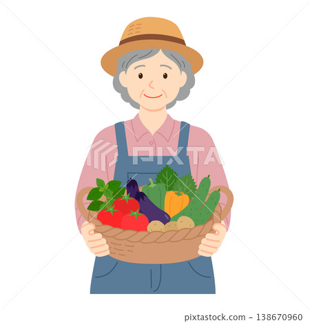 An illustration of an elderly woman holding a basket full of freshly harvested vegetables. 138670960