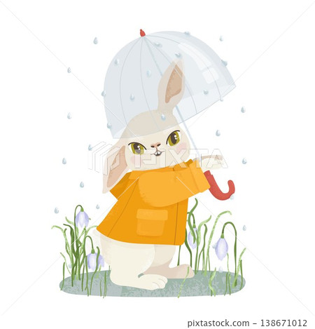 Cute bunny with umbrella in rainy spring scene 138671012