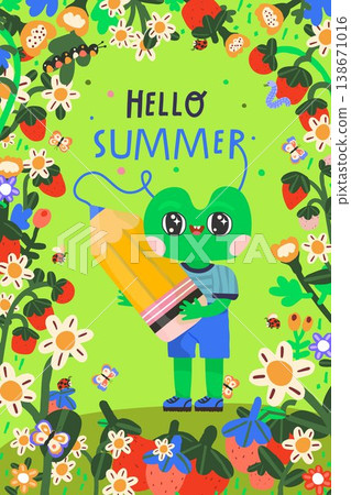 Hello summer card with cute frog and floral frame Hello summer card with cute frog and floral frame 138671016